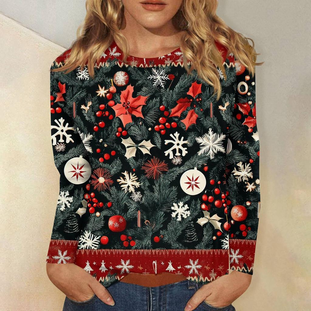Женская мода повседневный рождественский принт круглый вырез длинный рукав пуловер топ