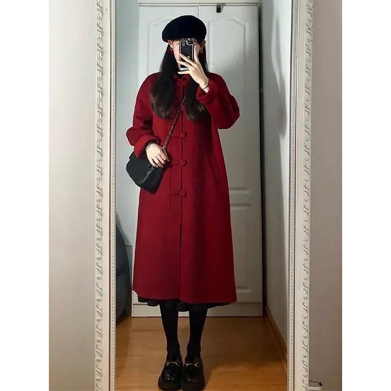 Красное шерстяное пальто для женской осени и зимы, новое корейское шерстяное пальто средней длины