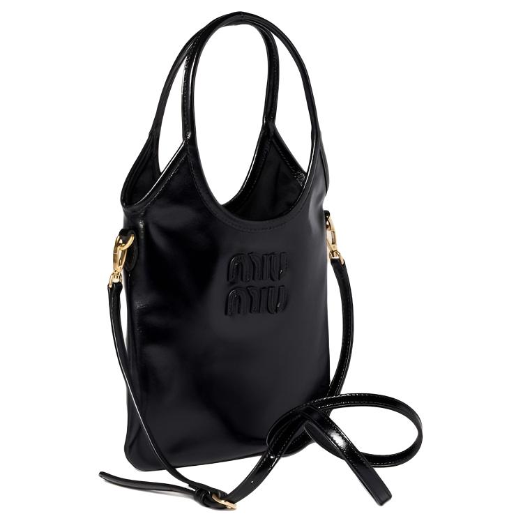 Miu Miu Ivy Front Logo Tote Bag Leather Handbag Small Women tote bags Black 5BA281_2IEO_F0002_V_OLI