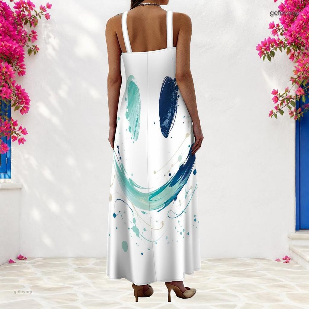 Women Plus Size Scoop Neck Strappy Sleeveless White Printed A Line Maxi Dress