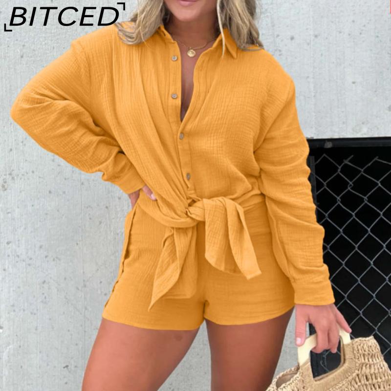 BITCED Женская рубашка из мятой ткани с длинным рукавом и шортами с высокой талией, модный повседневный комплект из двух предметов