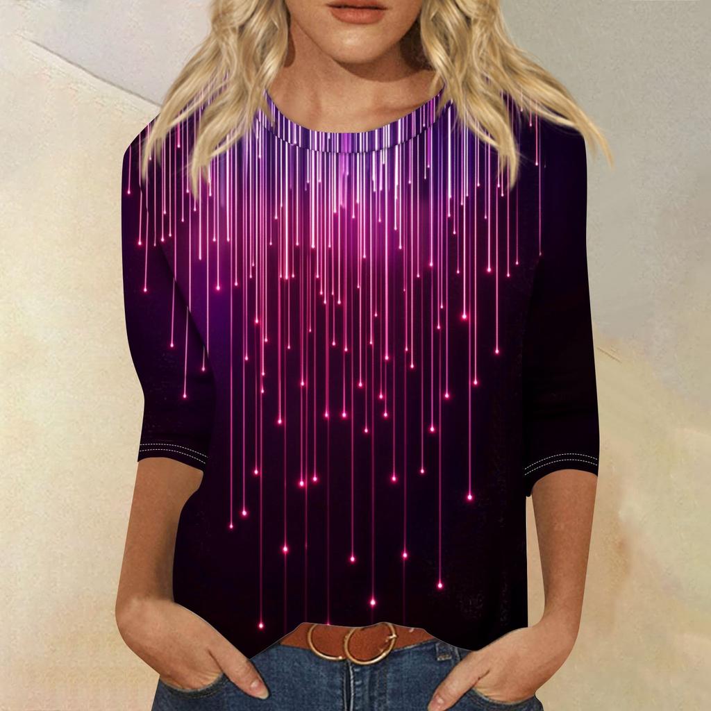 Women's Fashion Loose Casual Seven Sleeve Printed Round Neck Top