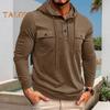 Fall Spring Men Top Drawstring Chest Pockets Buttoned Hooded Long Sleeves Pure Color Elastic Cuff Mid Length Sport Casual Hoodie