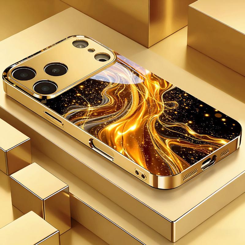 Премиальный стеклянный чехол с гальваническим покрытием для iPhone 17, 16, 15, 14, 13, 12, 11pm Pro Plus. Дизайн с золотой звездой и луной.