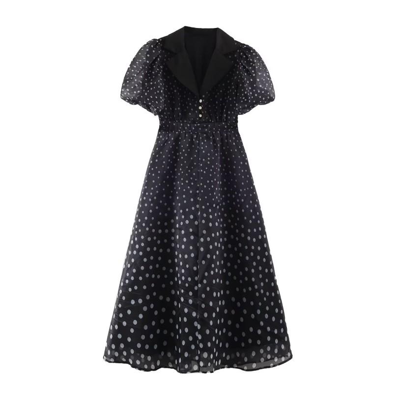 Womens 2026 V Neck Polka Dot Puff Sleeve Long Dress Elegant A Line Slim Fit
