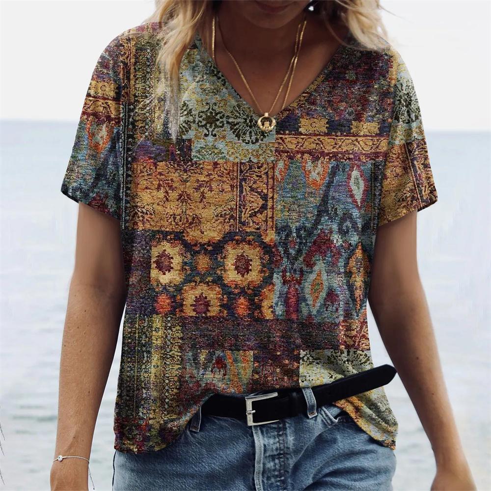 Женские футболки, летние топы с градиентной графикой, модная женская винтажная одежда с v-образным вырезом, футболки с цветочным принтом, свободные футболки большого размера