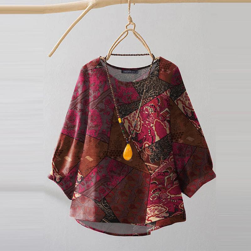 ZANZEA Ethnic Print Casual O-neck 3/4 Sleeve Loose Women Blouse