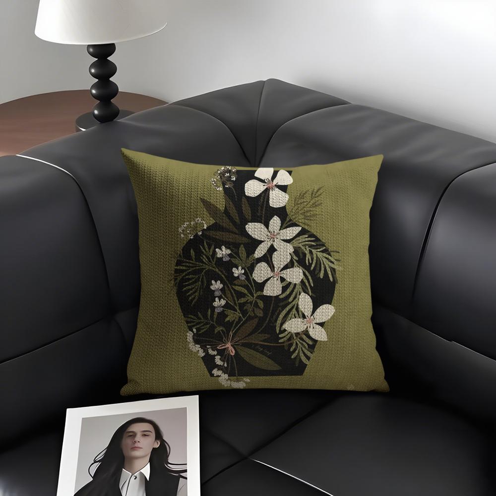 Vintage Vase Print Cushion Cover Natural Linen Organic Fabric DoubleSided Printing Sofa Home Decor Gift Pillow Case