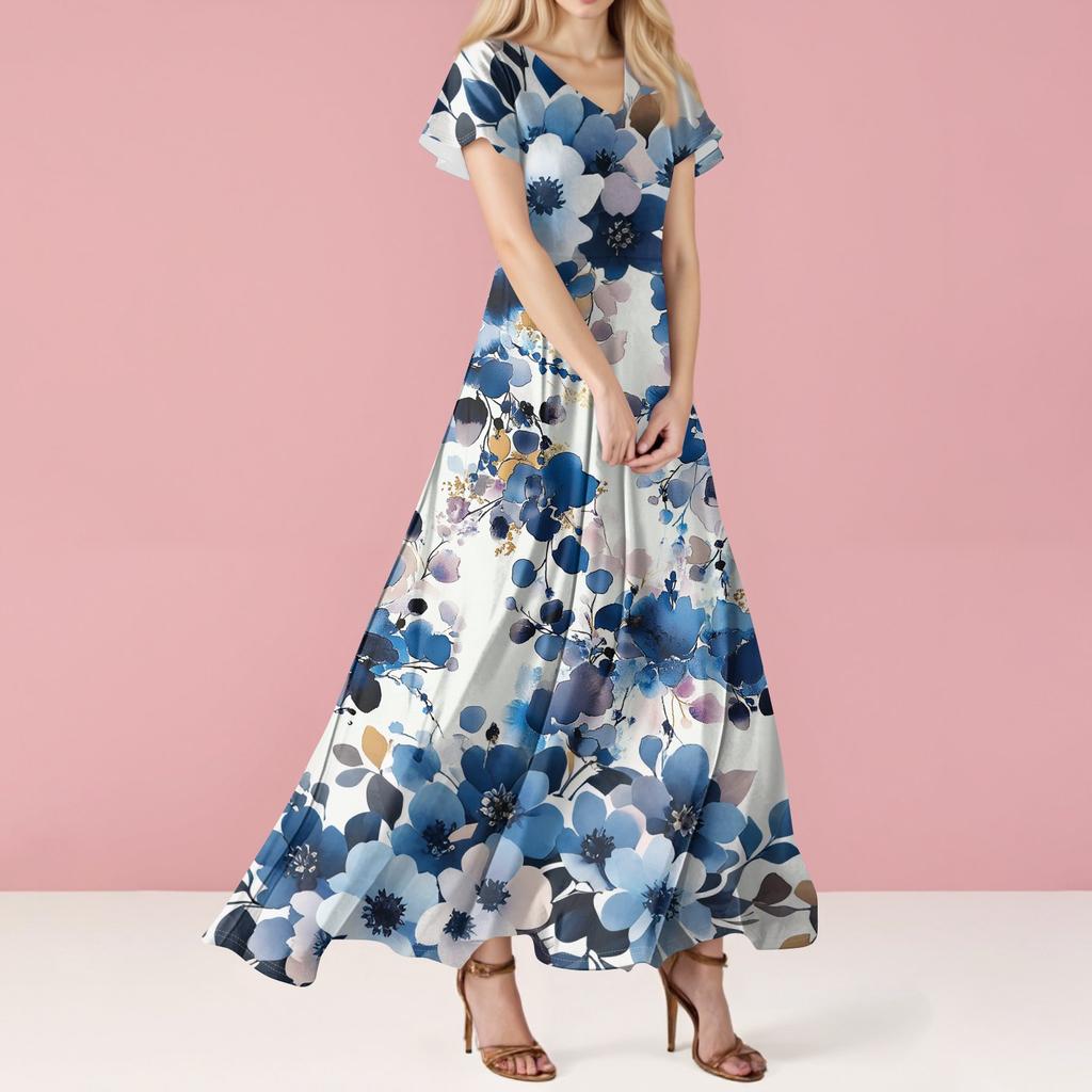 Женские повседневные модные длинные платья с принтом, платья с V-образным вырезом и коротким рукавом