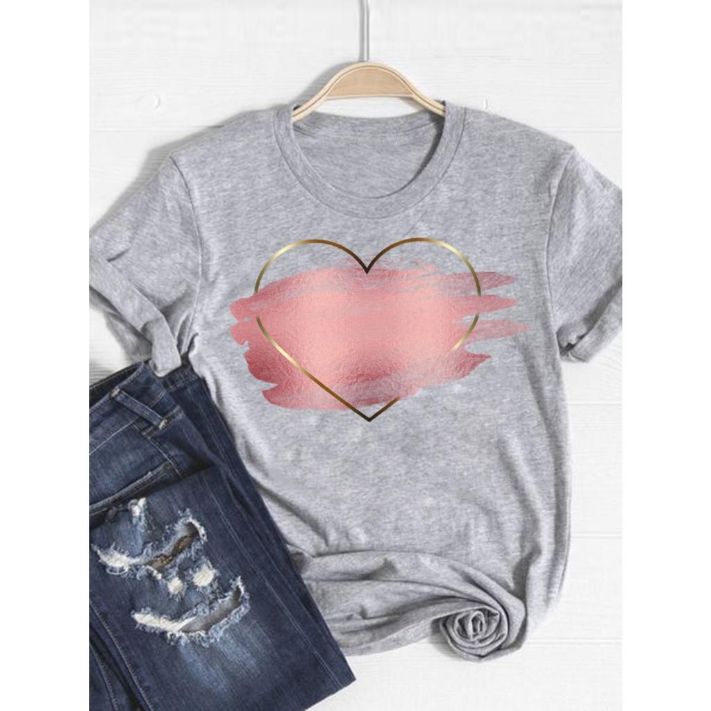 Watercolor Love Heart Sweet Fashion Short Sleeve Print T Shirt Tee Basic Clothing Summer Top Graphic T-shirt Women Clothes