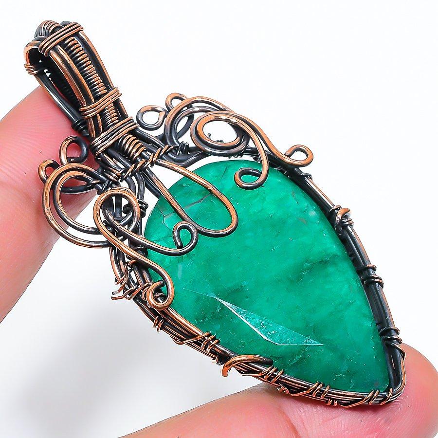 Emerald Natural Gemstone Handmade Copper Wire Wrap Pendant 2.76" R0D83