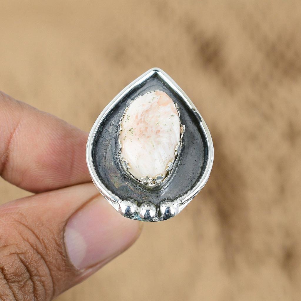 Gift For Women Promise Adjustable Ring 925 Silver Natural Scolecite Gemstone