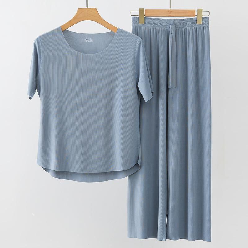 2025 Весна и лето Пижама из ледяного шелка, два предмета, короткие рукава, длинные брюки, цветной, большой размер, дышащий, одежда для отдыха, домашний костюм