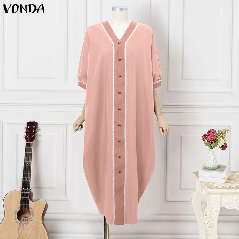 VONDA Свободное женское платье-халат макси с 3/4 рукава, сшивкой, повседневное, мешковатое