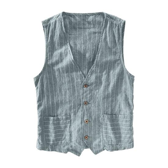 British Style Men Waistcoat V-neck Collarless Sleeveless Striped Print Vest Coat with Pockets Single Breasted Vest