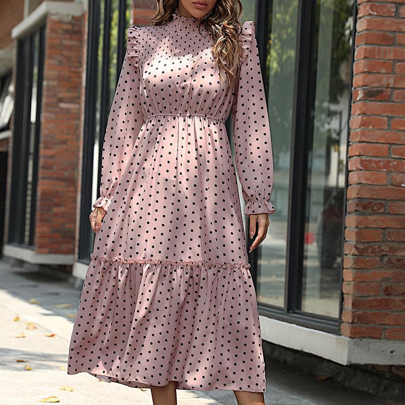 Temperament and Elegance Outer Wear Fashion Women's Fall Range Ruffle Long Sleeve Polka Dot Dresses