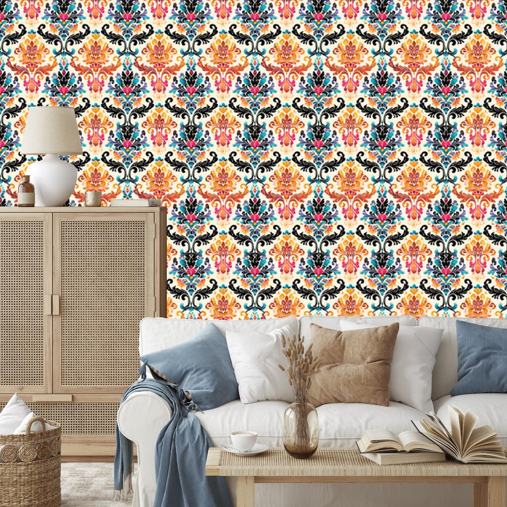 Baroque Damask Wallpaper Cream and Peach 50x1000