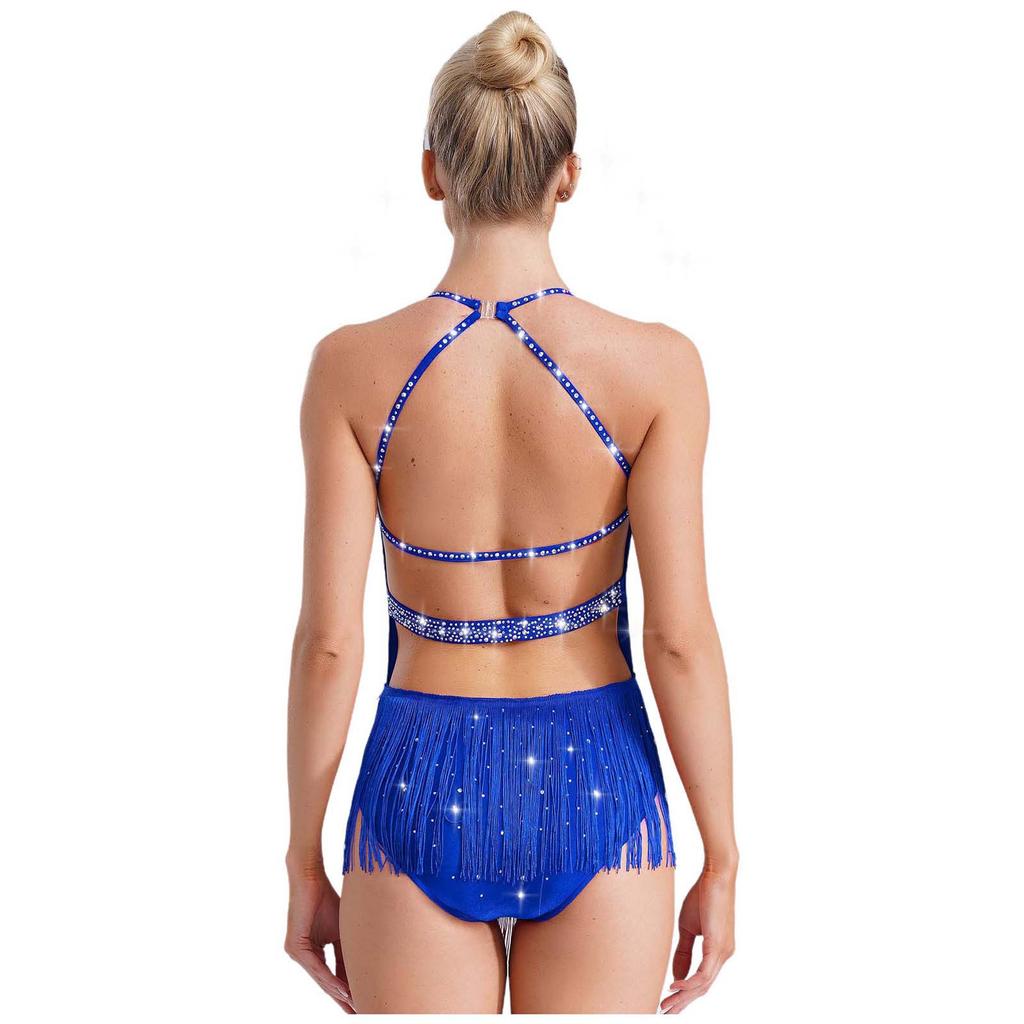 Womens Latin Dance Leotard Sleeveless Halter Neck Rhinestone Tassels Backless Competition Costume