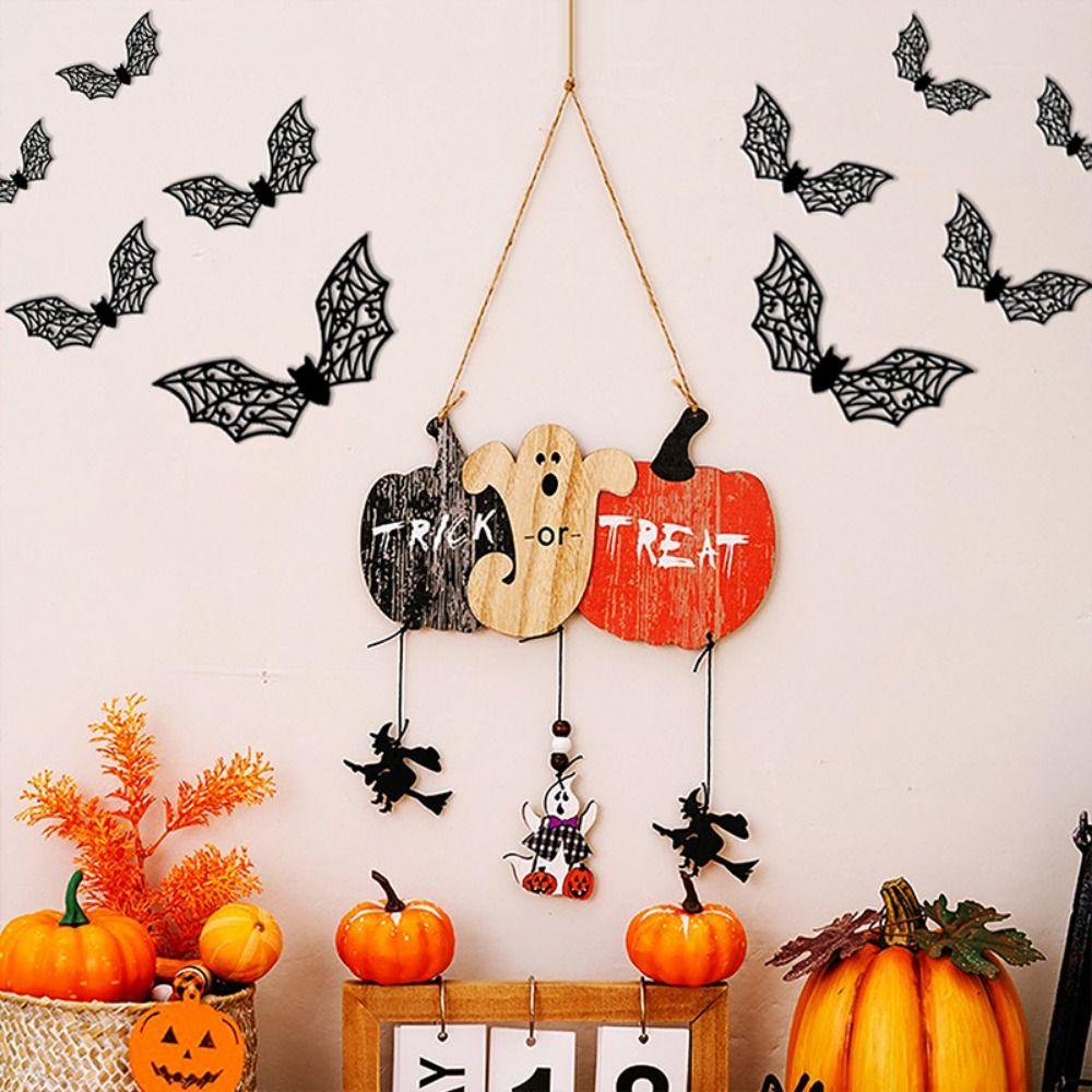 2pcs/set Colorful Halloween Wooden Pendants Witch Pumpkin Bat Ghost Wall Hanging  Halloween