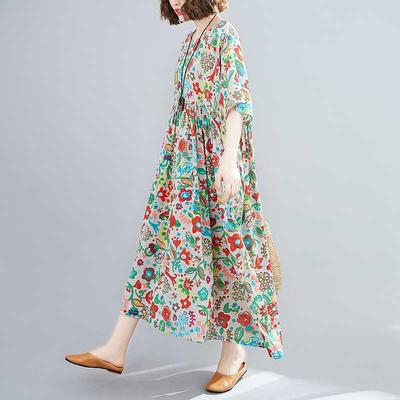 Летнее платье с принтом, с коротким рукавом и круглым вырезом для женщин