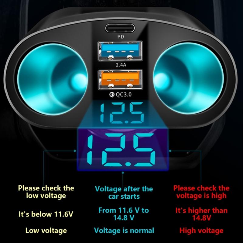 12В/24В Автомобильный прикуриватель Двойной USB Type C Быстрая зарядка Автомобильный зарядный адаптер-разветвитель со светодиодным дисплеем