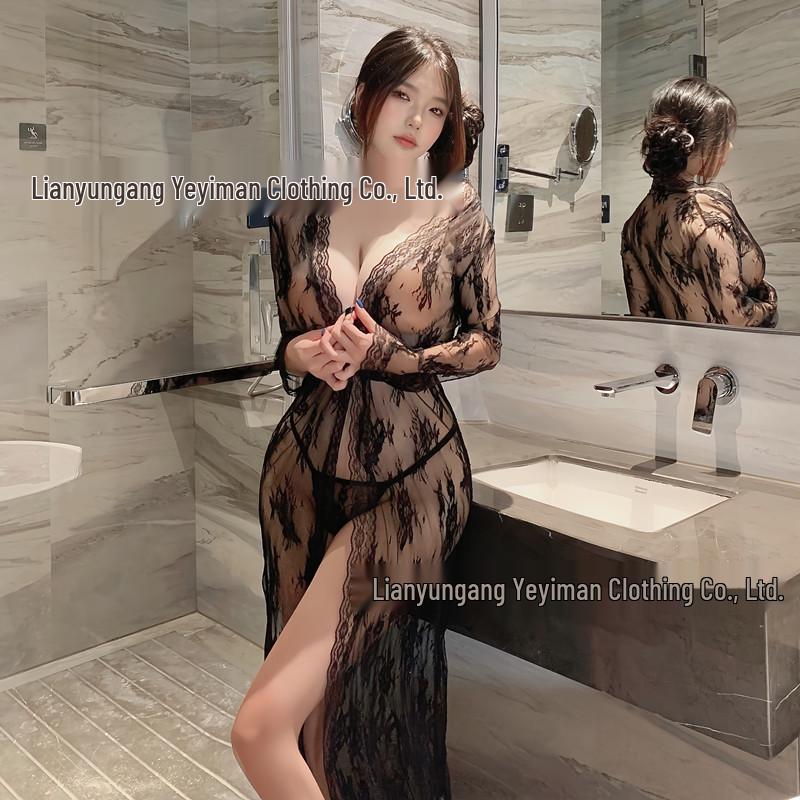 Сексуальное кружевное кимоно больших размеров: Прозрачная ночная сорочка с дизайном длинного платья