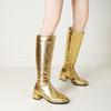 Женские длинные ботфорты до колена, квадратный носок, золотистый средний каблук, молния сзади, квадратный каблук, металл, кожа, водонепроницаемая женская обувь