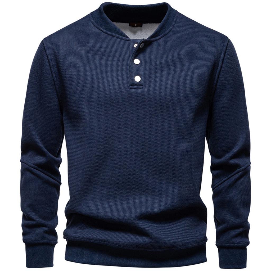 Men's Velvet Long Sleeved Quarter Buttoned Sweatshirt Casual Knit Pullover Baseball Collar