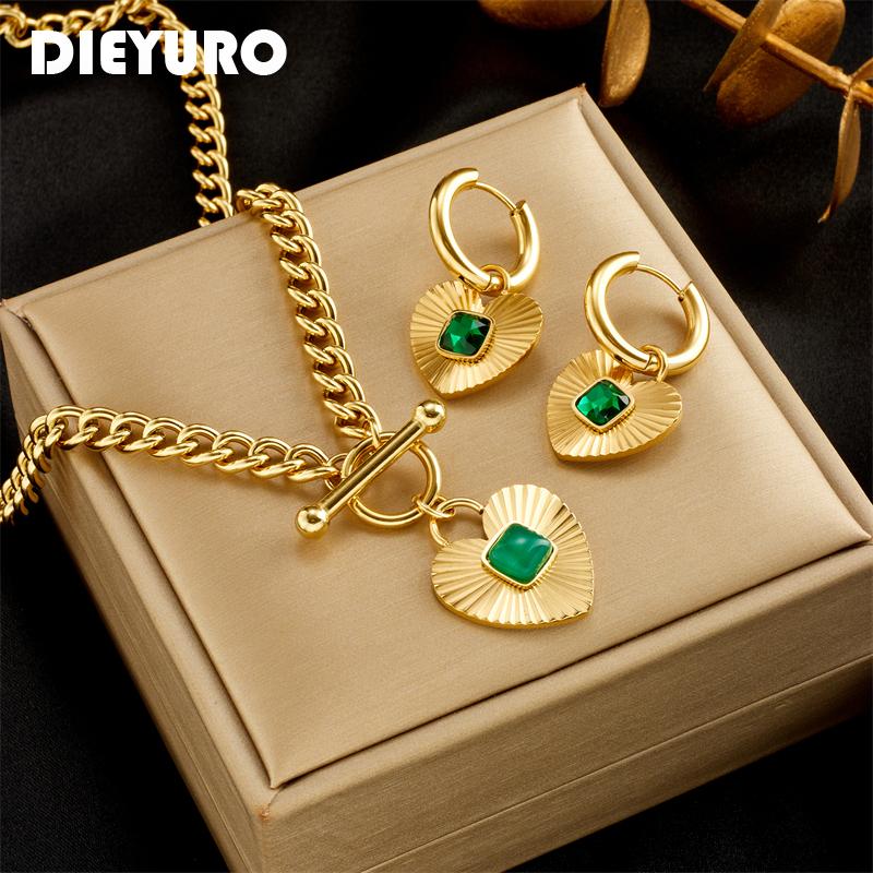 DIEYURO 316L Stainless Steel Heart-Shaped Green Stone Charm Necklace Earrings For Women Girl Fashion Waterproof Jewelry Set Gift