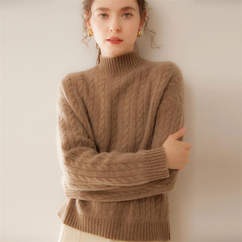 Lekasha Women's Cashmere Cable Knit Sweater - Loose Fit & Slimming Base Layer, Half-High Neck, Autumn/Winter.