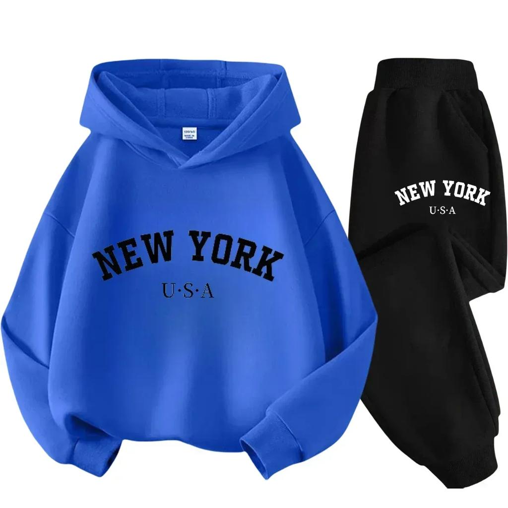 Frühling Herbst Outfits New York USA Buchstabendruck 2-teilig Hoodie+Hose Trainingsanzüge 3-13 Jahre Jungen Mädchen Streetwear Kinderkleidung
