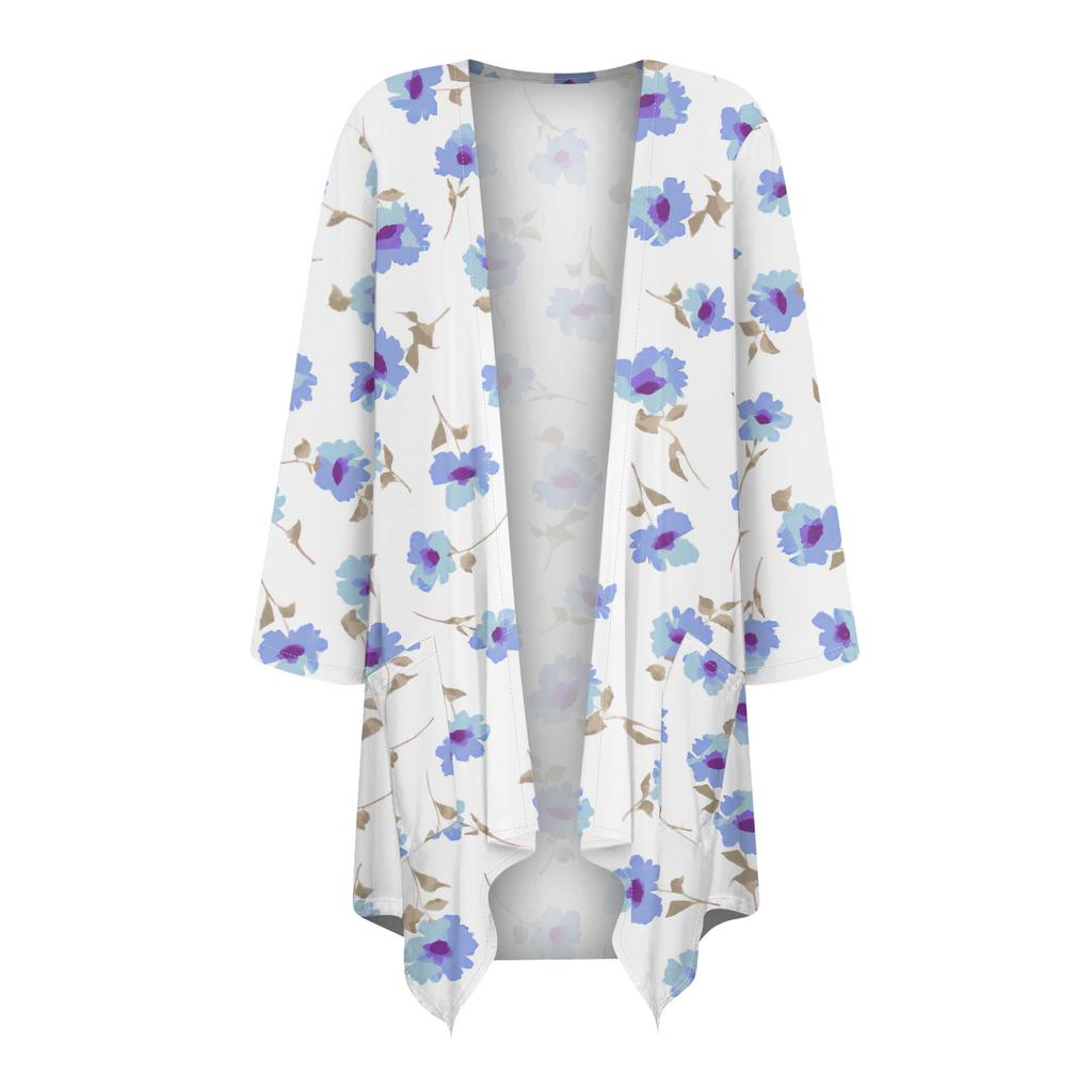Women's Fall Print Irregular Three-quarter Sleeve Cardigan With Pocket Jacket