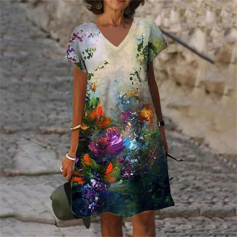 Растения Цветы Тай-дай Градиентный Принт Женское Платье Повседневное V-образный вырез Короткий рукав A-силуэт Платья Лето 2023 Новая Одежда Оверсайз