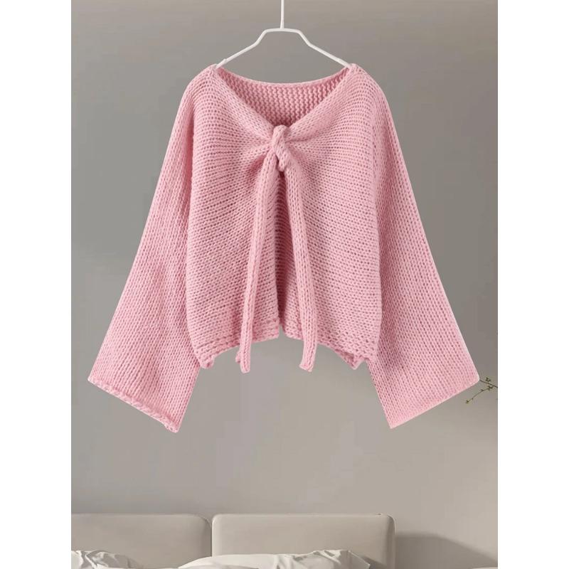 Женский осенне-зимний милый и симпатичный свитер с V-образным вырезом и бантом, вязаный свитер с объемной вязкой, кардиган, куртка
