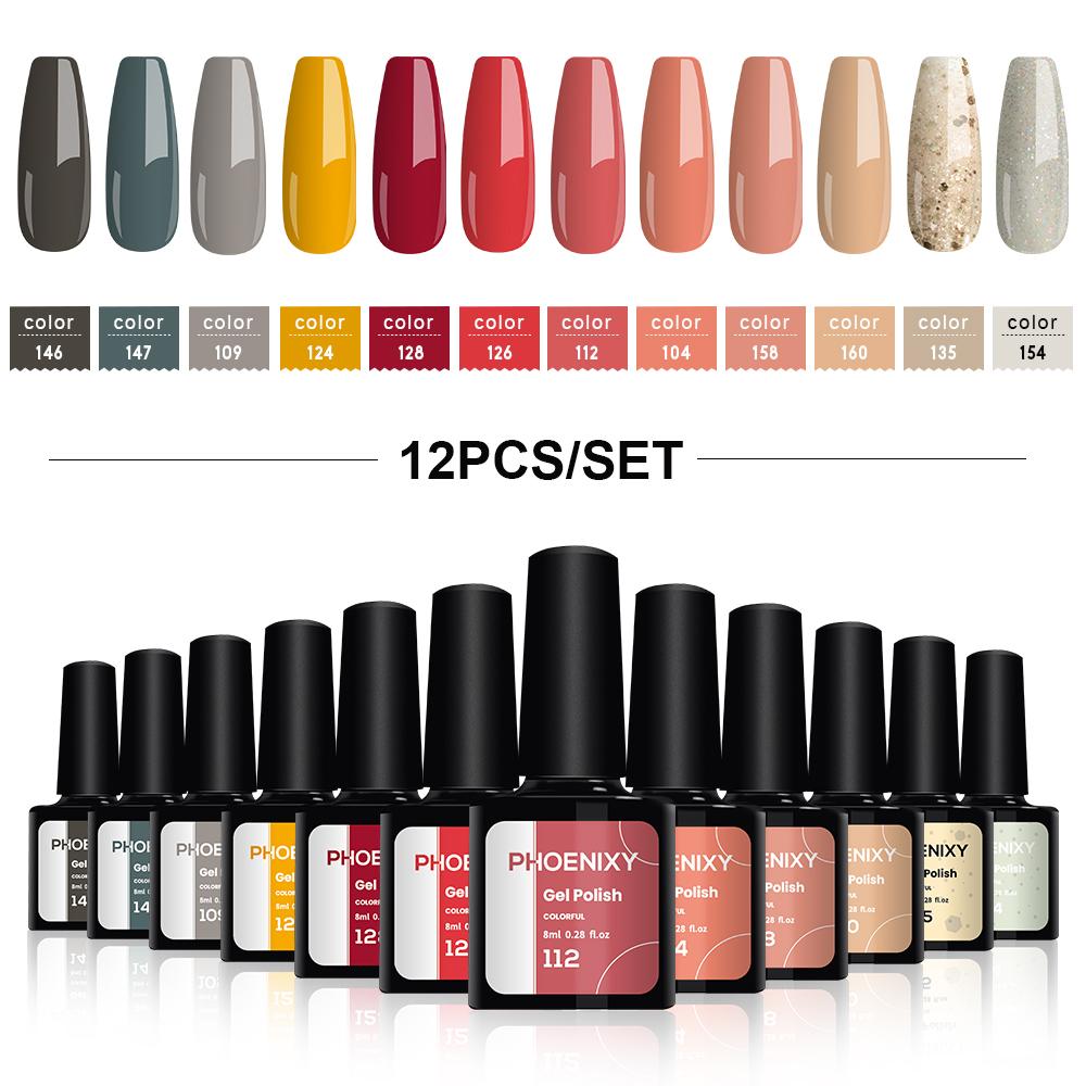 PHOENIXY, 8 мл, 12 цветов, гель-лак для ногтей, гель для ногтей, полуперманентный твердый гель для ногтей, замачиваемый УФ-гель, нужна база, верхнее покрытие, дизайн ногтей «сделай сам»