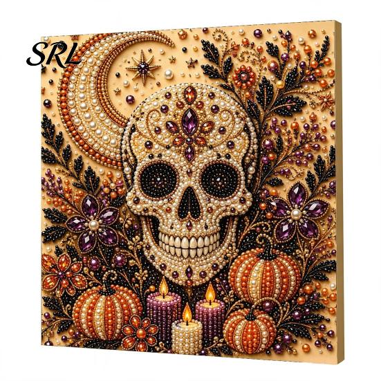 Autumn Home Decor Ghost Faux Pearl Art Kit, Halloween Pumpkin Painting DIY Decorative Canvas Projects 3D Spooky Skull Craft Kit for Adults Beginners,
