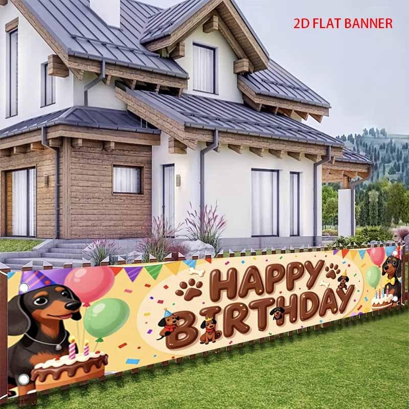 Sausage Dog Birthday Banner, cute balloon cake pattern, outdoor garden fence dog-themed party decor