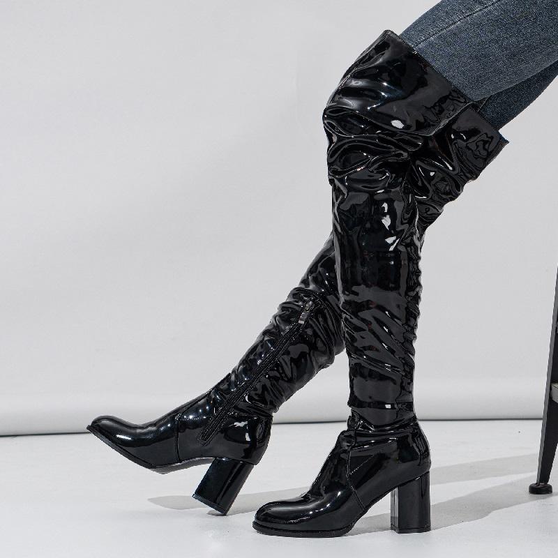 Eilyken Winter Patent Leather Women Over-the-knee Boots Fashion Nightclub Round Toe Zip Booties Square High Heels Ladies Shoes