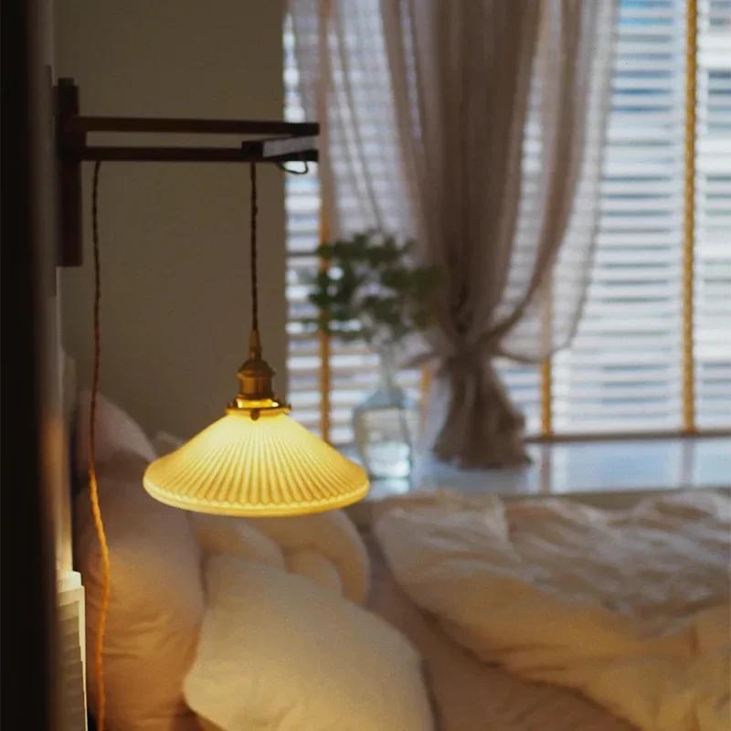 Vintage Foldable Solid Wood Walnut Wood Wall Lamp Wabi-sabi Japanese Brass Ceramic Homestay Bedroom Bedside Wall Lamp