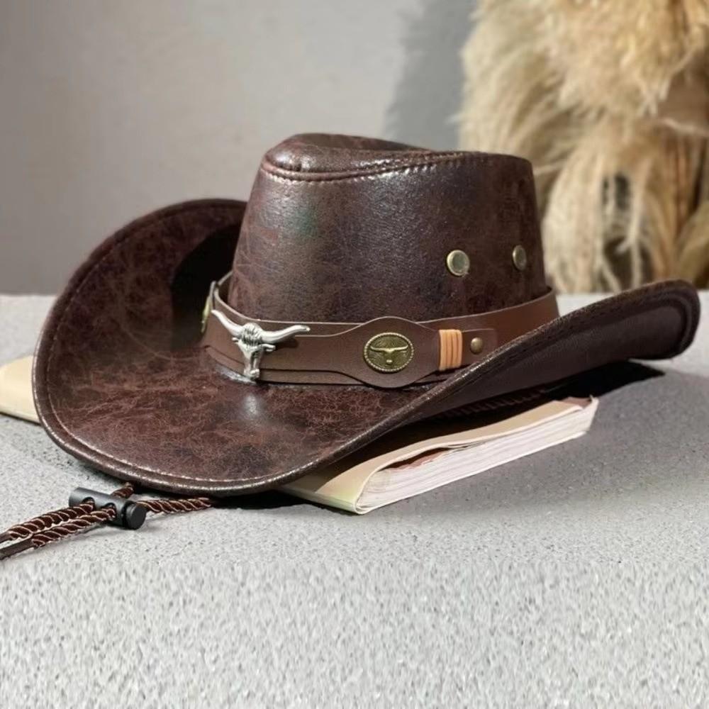 Faux Leather Cowgirl Jazz Hat Bull Head Visor Cap Vintage Western Cowboy Hat Girls