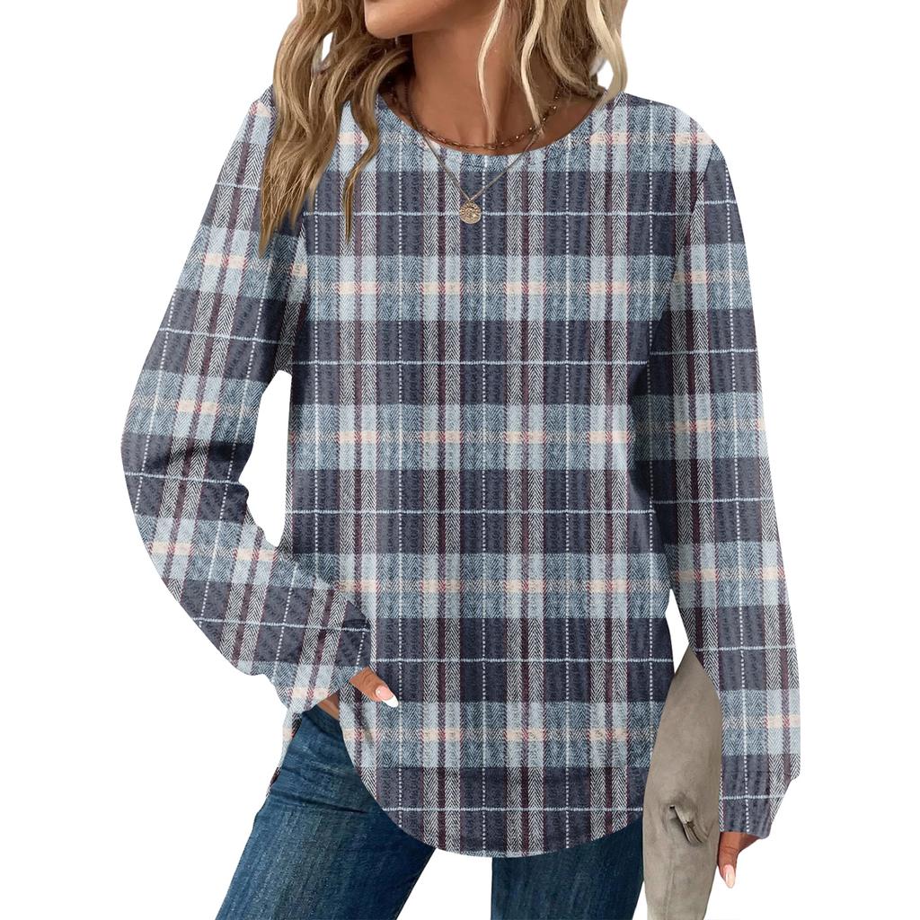 Женский повседневный топ свободного кроя с круглым вырезом и длинными рукавами в клетку