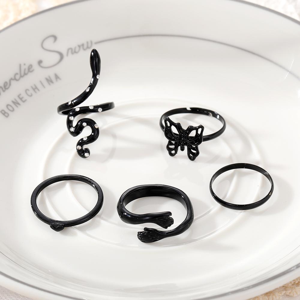 Черный темпераментный гламурный комплект колец, обнимающее открытое кольцо, кольцо с бриллиантами в виде бабочки, змеи, комплект из 5 предметов для девочек, элегантные ювелирные изделия