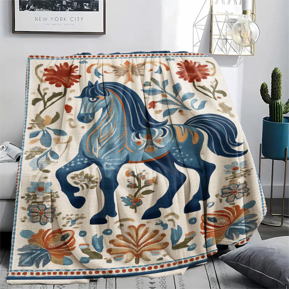 Flower Horse Print Flannel Blanket, High quality Comfortable for All Seasons, Home Decor, Warmth and Comfort, Perfect for Christmas Gifts