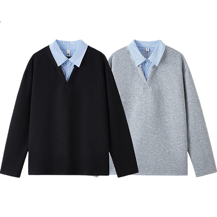 SWAMP AREA Men's Spring Autumn Loose Fit Couple Casual Pullover Hoodie with Fake Two-Piece Spliced Lapel SWT329 Gray XL