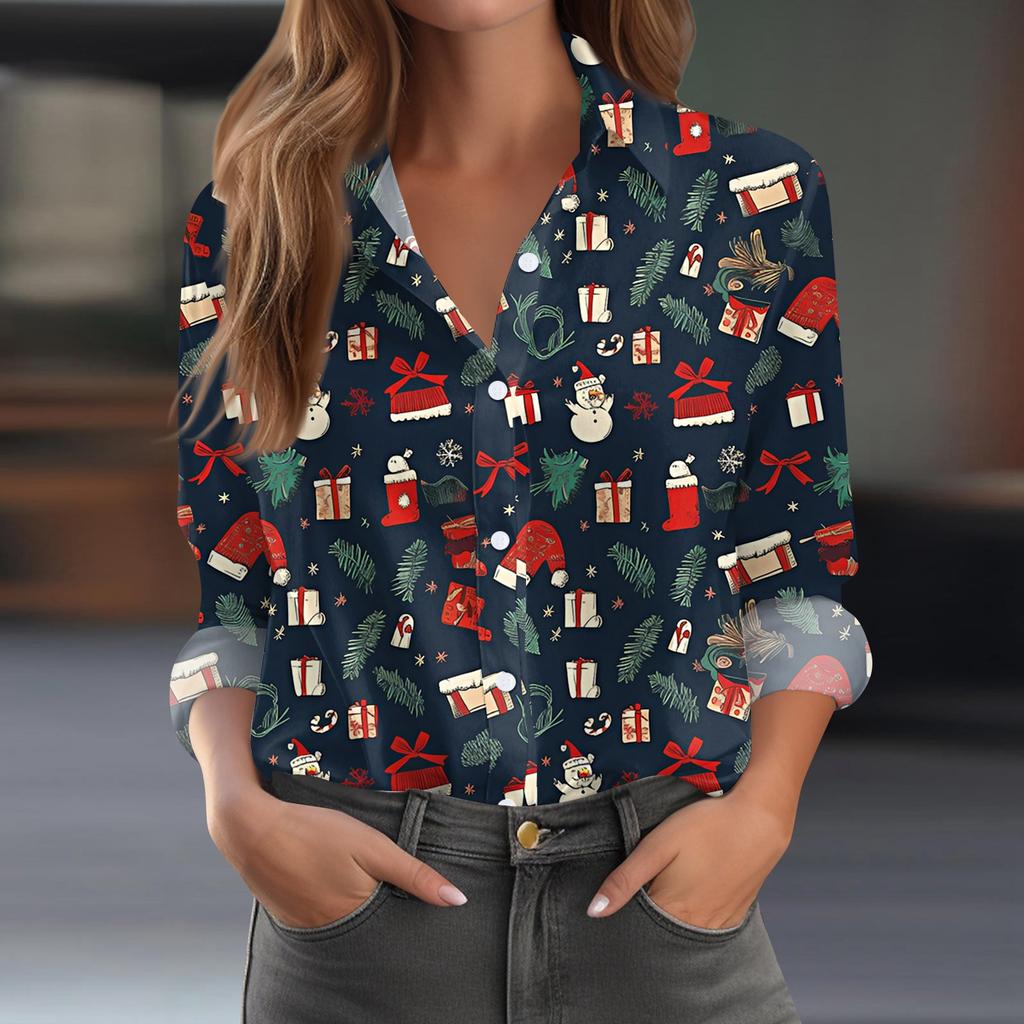 Women's Shirt Blouse Christmas Print Button Long Sleeve Casual Basic Shirt Collar Regular Top