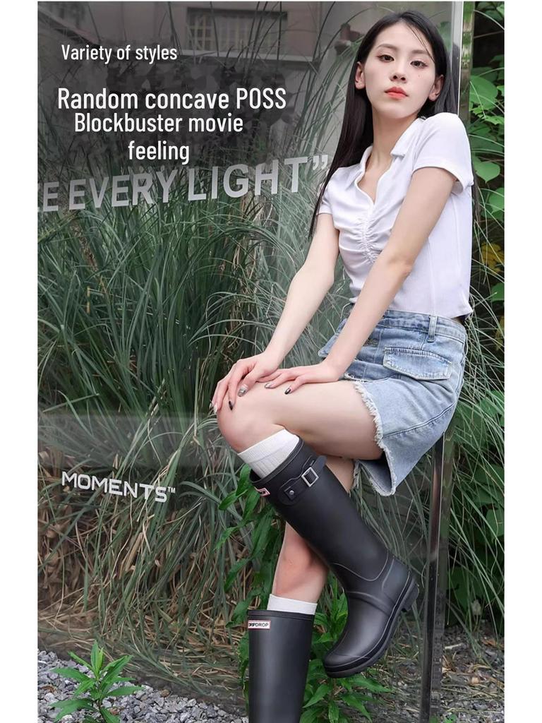 Женские модные высокие водонепроницаемые резиновые сапоги - европейский и американский стиль, толстая подошва, нескользящая, для активного отдыха.