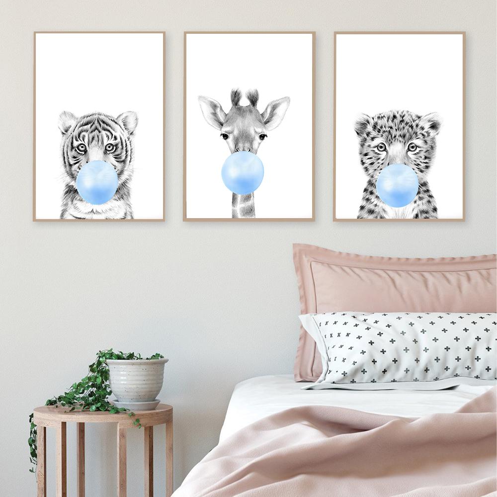 Blue Bubble Elephant Giraffe Poster Print Animal Nursery Wall Art Canvas Painting Child Picture Kids Baby Room Decoration Nordic