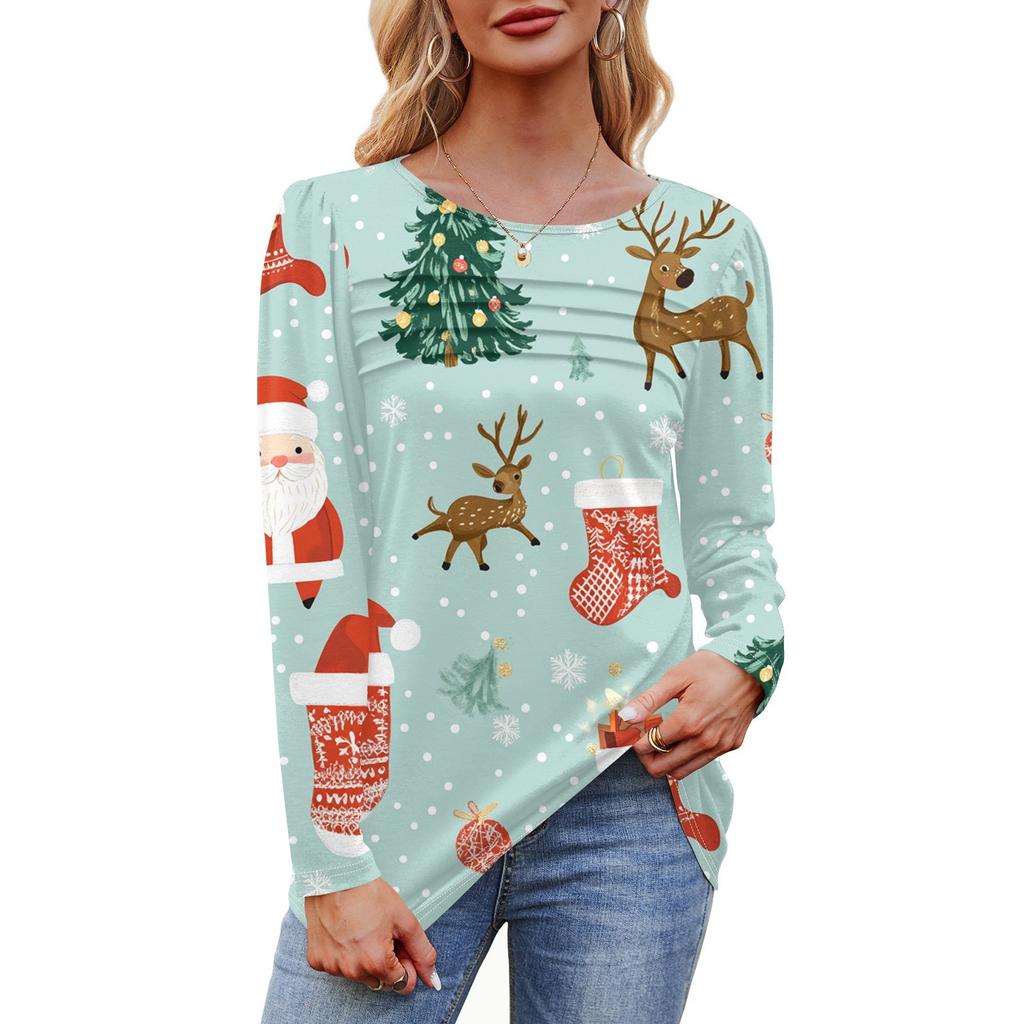 Женская футболка с круглым вырезом и длинными рукавами с принтом рождественской елки и снежинки