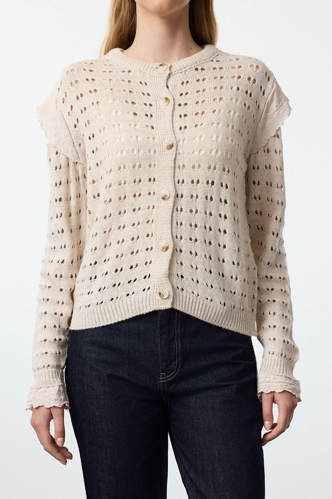 Women's Fashionable Stylish Cardigan Ecru Lace Detailed Openwork Perforated Knitwear Cardigan