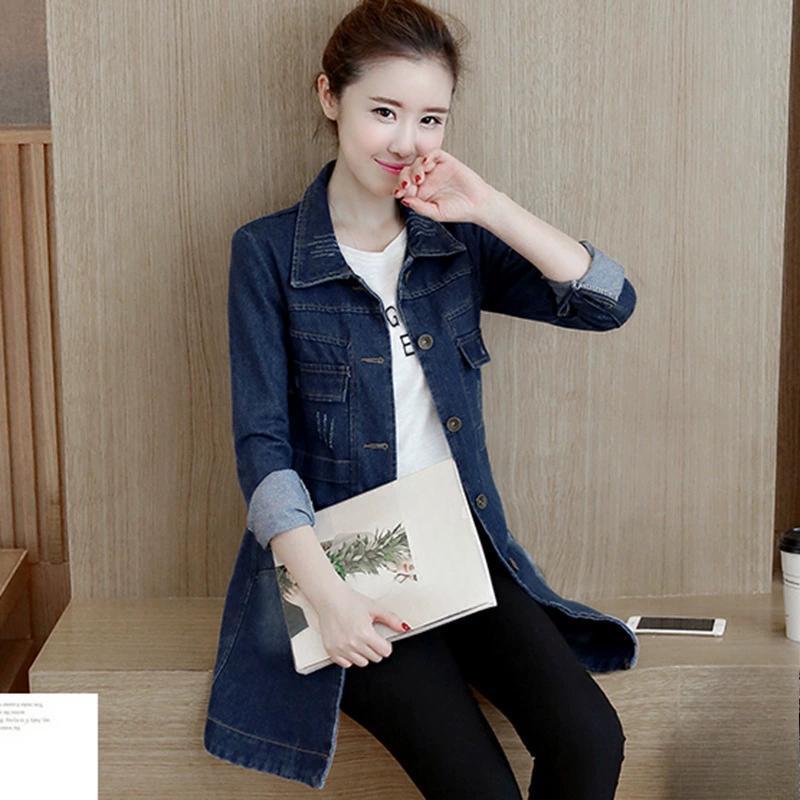 Korean Long Sleeved Denim Jacket for Women's Slim Fit Single Breasted Mid Length Windbreaker Top